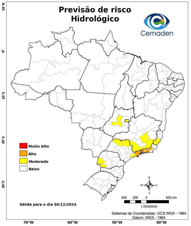 Riscos hidrológicos para 4/12/24 (Fonte: Cemaden) Riscos hidrológicos para 4/12/24 (Fonte: Cemaden)