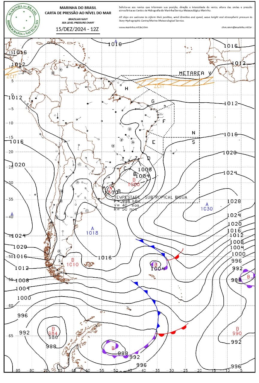 Tempestade subtropical Biguá análise sinótica de 15 de dezembro de 2024 - 12 UTC Tempestade subtropical Biguá análise sinótica de 15 de dezembro de 2024 - 12 UTC